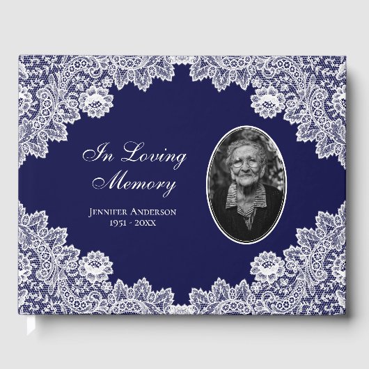 Blue  Floral Lace Memorial Foto Gastenboek (Voorkant)