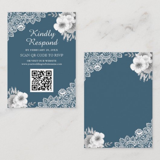 Blue Floral Lace QR Code RSVP Weddenschap Website Informatiekaartje (Voorkant / Achterkant)