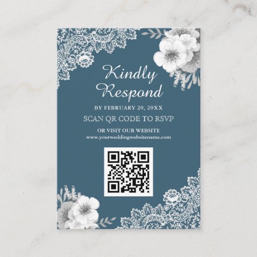 Blue Floral Lace QR Code RSVP Weddenschap Website Informatiekaartje (Voorkant)