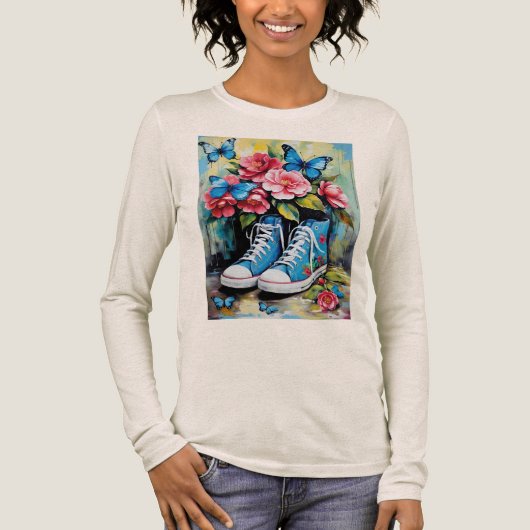 Blue Floral Lace Up Hightop Sneakers & Butterflies Tri-Blend Shirt (Voorkant)