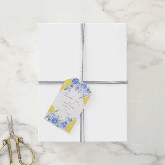 Blue Floral Lemon Main Squeeze Vrijgezellenfeest Cadeaulabel (Met Touw)