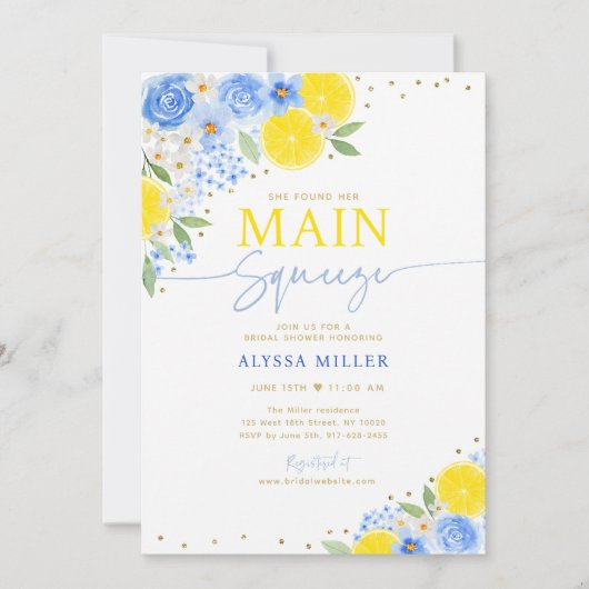 Blue Floral Lemon Main Squeeze Vrijgezellenfeest Kaart (Voorkant)