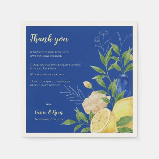 Blue Floral Lemon Wedding Party Bedankt Bericht Servet (Voorkant)