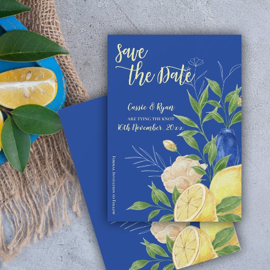 Blue Floral Lemon Wedding Save the Date