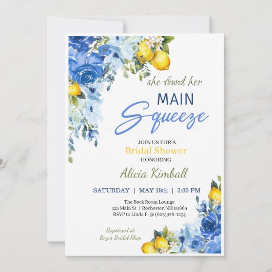 Blue Floral Lemons Bridal Shower Uitnodiging (Voorkant)