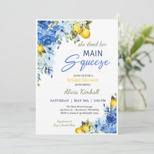 Blue Floral Lemons Bridal Shower Uitnodiging (Staand voorkant)