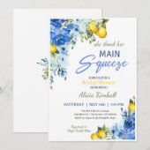 Blue Floral Lemons Bridal Shower Uitnodiging (Voorkant / Achterkant)