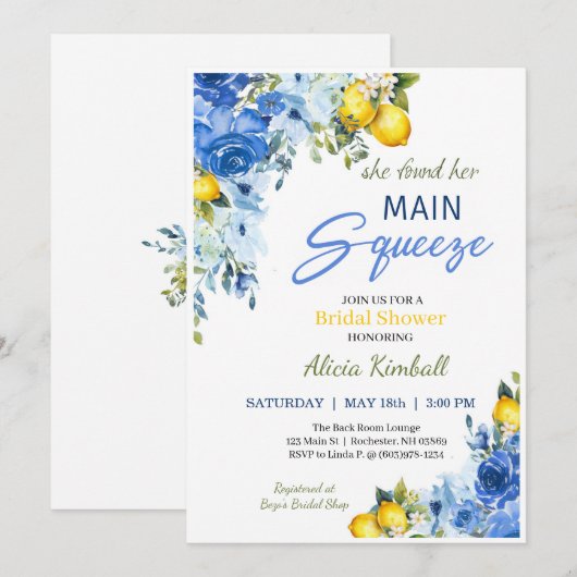 Blue Floral Lemons Bridal Shower Uitnodiging (Voorkant / Achterkant)