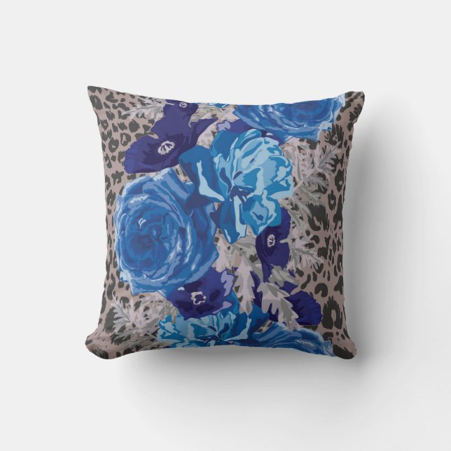 Blue Floral Leopard Print Decorative Pillow Kussen (Voorkant)