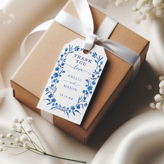 Blue Floral Lijst bruiloft Dank u Gift Label Cadeaulabel