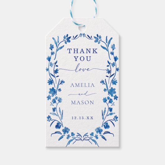 Blue Floral Lijst bruiloft Dank u Gift Label Cadeaulabel (Voorkant)