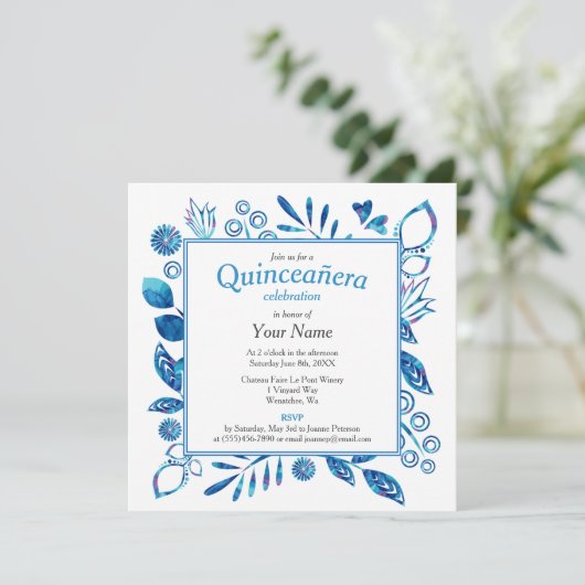 Blue Floral Lijst Quinceañera Square Kaart (Staand voorkant)
