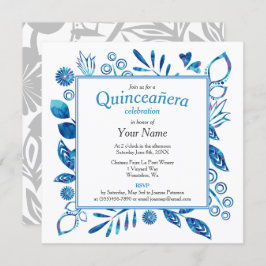 Blue Floral Lijst Quinceañera Square Kaart