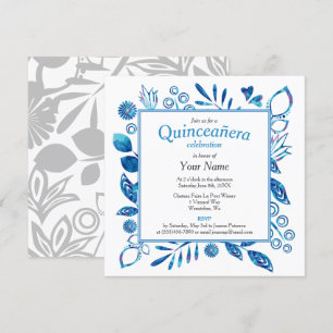 Blue Floral Lijst Quinceañera Square Kaart