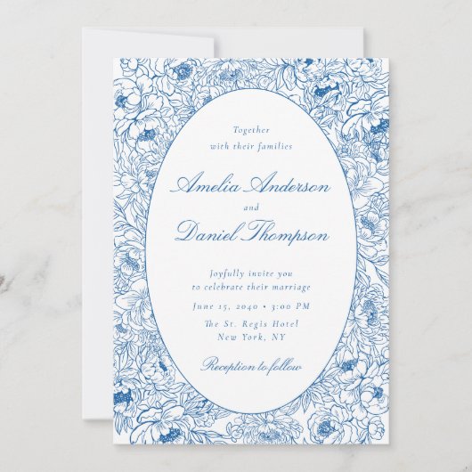 Blue Floral Line Art Wedding Invitation Kaart (Voorkant)