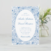 Blue Floral Line Art Wedding Invitation Kaart (Staand voorkant)