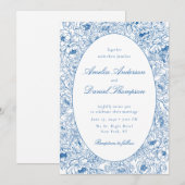 Blue Floral Line Art Wedding Invitation Kaart (Voorkant / Achterkant)