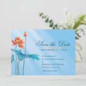 Blue Floral Lotus Wedding Save the Date Invitation Kaart (Staand voorkant)