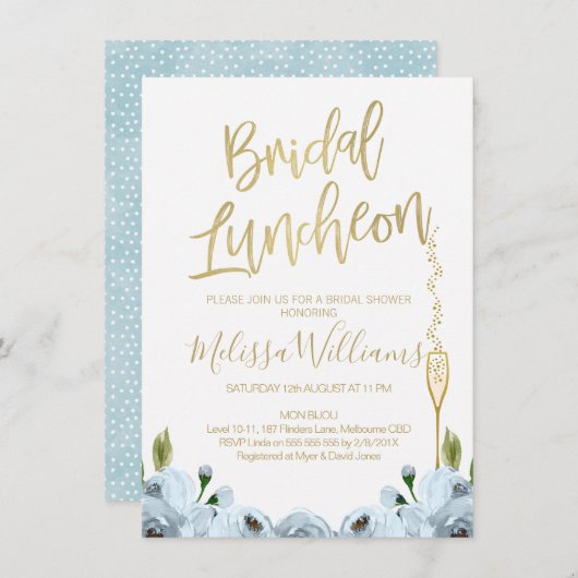 Blue Floral Luncheon Bruids Douche Uitnodiging (Voorkant / Achterkant)