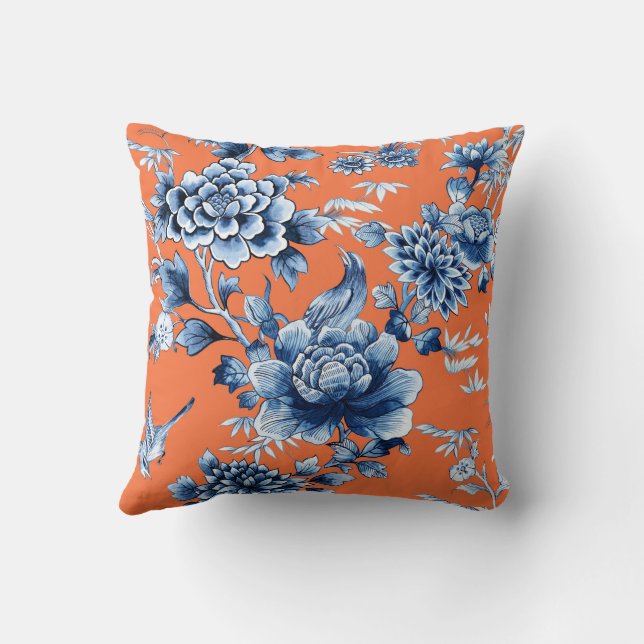 Blue Floral Luxury op Oranje Sierkussen (Achterkant)