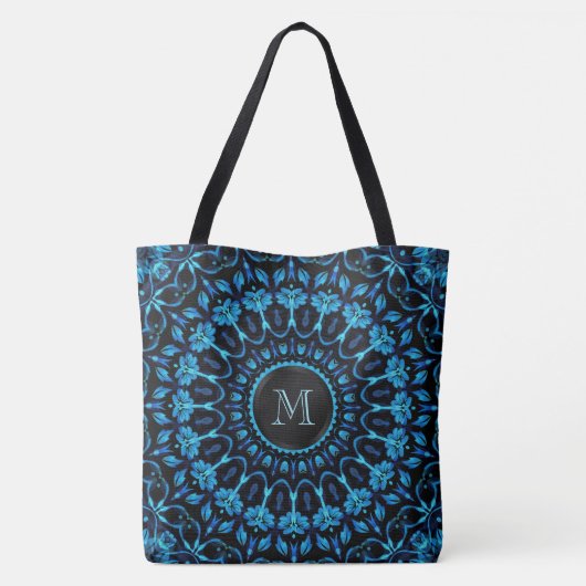 Blue Floral Mandala Monogram Tote Bag (Achterkant)