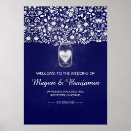Blue Floral Mason Jar Wedding Welcome Sign Poster