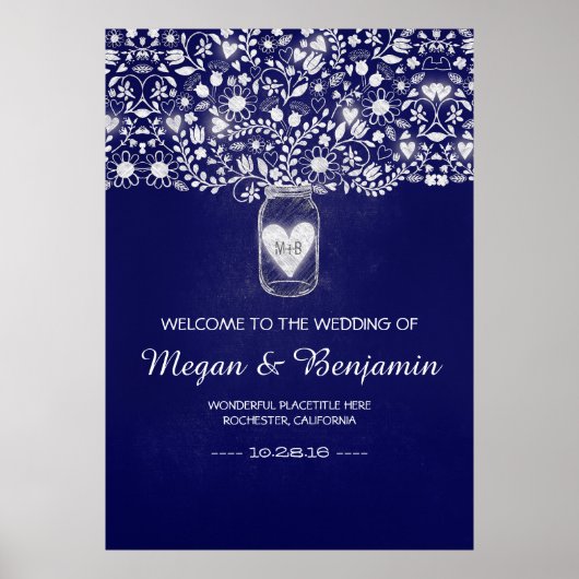 Blue Floral Mason Jar Wedding Welcome Sign Poster (Voorkant)