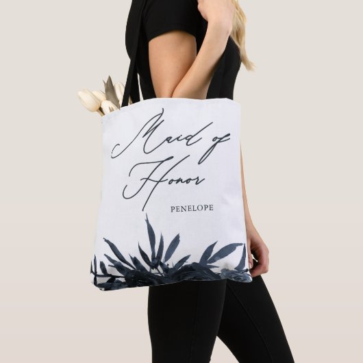 Blue Floral met Maid of Honor Script Tote Bag (Dichtbij)
