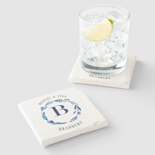 Blue Floral met Monogram Stone Onderzetter "B" (Zijkant)