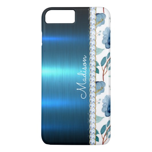 Blue Floral Metallic Glitter Classy Heart Case-Mate iPhone Case (Achterkant)