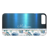 Blue Floral Metallic Glitter Classy Heart Case-Mate iPhone Case (Achterkant (Horizontaal))