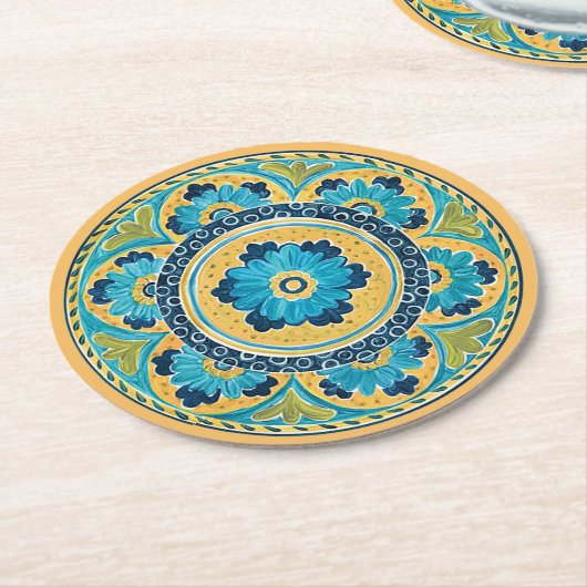 Blue Floral Mexican Tile Ronde Kartonnen Onderzetter (Gebogen)