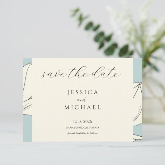 Blue Floral Minimalist Flat Save the Date Kaart (Staand voorkant)