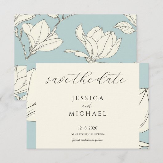Blue Floral Minimalist Flat Save the Date Kaart (Voorkant / Achterkant)