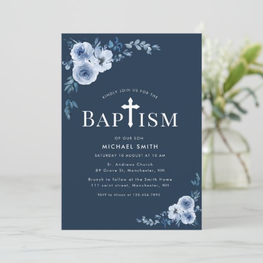 blue floral modern baptisme - uitnodiging (Staand voorkant)