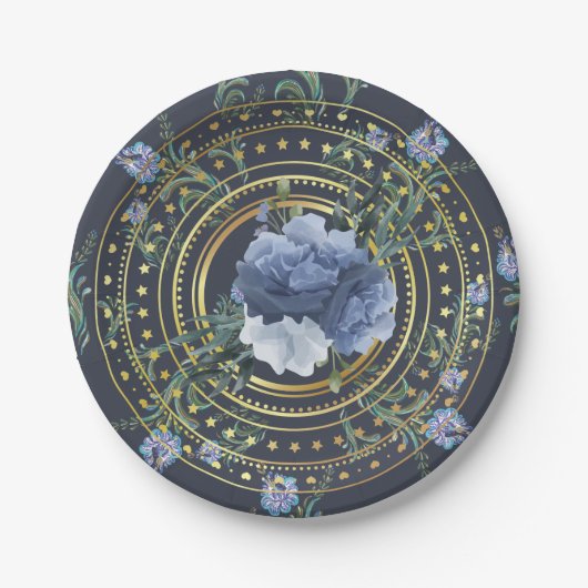 Blue Floral Modern Papieren Bordje (Voorkant)