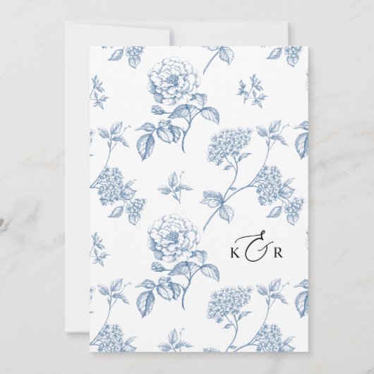  Blue Floral Modern Script Wedding Kaart (Achterkant)