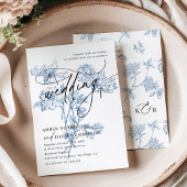  Blue Floral Modern Script Wedding Kaart
