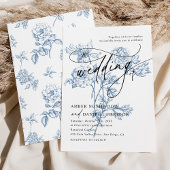  Blue Floral Modern Script Wedding Kaart
