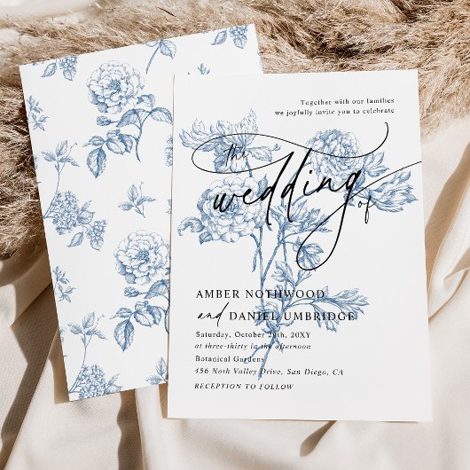  Blue Floral Modern Script Wedding Kaart