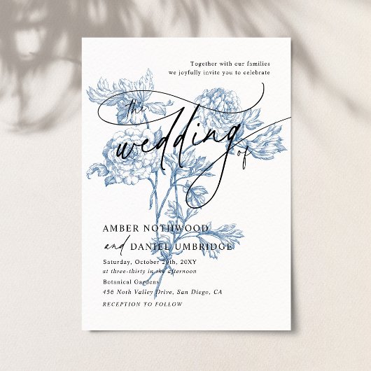  Blue Floral Modern Script Wedding Kaart