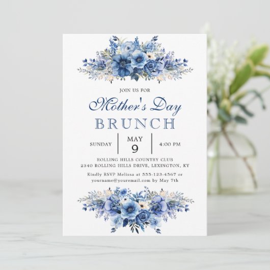 Blue Floral Moederdag Brunch Party Kaart (Staand voorkant)