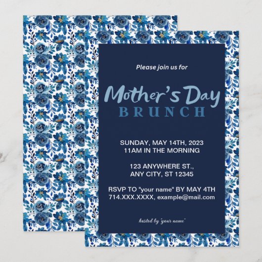 Blue Floral Moederdag Brunch Uitnodiging (Voorkant / Achterkant)