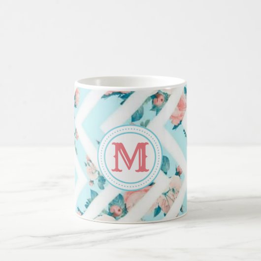 Blue Floral Monogram Chevron Pattern Classic Mok (Center)