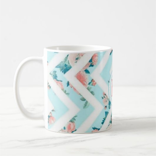 Blue Floral Monogram Chevron Pattern Classic Mok (Links)