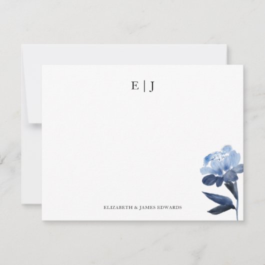 Blue Floral Monogram Couple Initialen op maat Notitiekaartje (Voorkant)