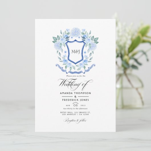 Blue Floral Monogram Crest Weddenfoto Kaart (Staand voorkant)