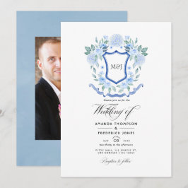Blue Floral Monogram Crest Weddenfoto Kaart