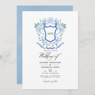 Blue Floral Monogram Crest Weddenfoto Kaart
