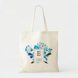 Blue Floral Monogram Initiaal Persoonlijke Canvas Tote Bag